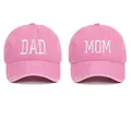 Detailed view of pink washed cotton baseball caps with DAD and MOM white embroidery - Adjustable / Pink (2-Piece Set)