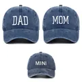 Macro view of DAD MOM MINI embroidery on washed cotton baseball caps for parent-child set - Adjustable / Navy Blue (3 Piece Set)