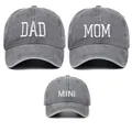 Detailed view of grey washed cotton family caps with DAD, MOM, and MINI embroidery - Adjustable / Gray (3 Piece Set)