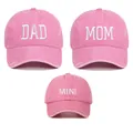 Detail view of embroidered pink cotton baseball cap set for Mom Dad and Mini. - Adjustable / Pink (Set of 3)