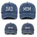 Family matching set of washed cotton baseball caps with DAD, MOM, and MINI embroidery - Adjustable / Navy Blue (4 Piece Set)