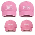Set of four pink washed cotton parent-child baseball caps with white Dad Mom Mini embroidery - Adjustable / Pink (4PCS Set)