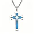 Silver stainless steel cross pendant necklace with blue inlay and star motif detail - Blue