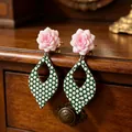 Vintage pink resin rose and green polka dot enamel drop earrings for women retro style - Hollow Green Polka Dot Pink Rose Earrings (2606112)