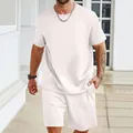Detailed texture of white waffle knit men's casual two-piece t-shirt and shorts set - S / White