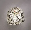 Vintage steampunk mechanical watch movement ring with gears and jewels in silver finish. - AJZ1764 Silver