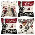 Decorative set of 4 Christmas pillow covers with Merry Christmas and Joy holiday patterns - 45*45cm (Insert Not Included) / Red-Black Grid Snowflake Bow Series (JYM770 Series 1)