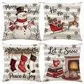 Set of 4 Christmas pillowcases with snowman, reindeer, and festive holiday prints. - 45*45cm (Insert Not Included) / Grey-White Striped Cozy Fireplace Series (JYM770 Series 4)