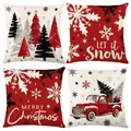 Set of four Christmas themed polyester cushion covers with festive red truck and tree prints - 45*45cm (Insert Not Included) / Nordic Vintage Pickup Series (JYM770 Series 8)