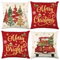 Set of 4 festive Christmas throw pillow covers with trees, red truck and gold lettering - 45*45cm (Insert Not Included) / Red Bronzing Truck Series (JYM770 Series 9)