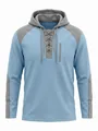 Vue détaillée du sweat à capuche en maille gaufrée avec col lacé et blocs bleus et gris - Rose bonbon