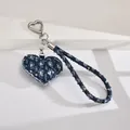 Dragonne de poignet en jean bleu avec cœur à paillettes et mousqueton pour téléphone - Bleu Marine (K1303)