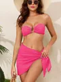 Detail view of a stylish pink three-piece bikini set featuring a matching mesh wrap skirt. - Rose Red