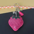 Sparkly pink strawberry rhinestone keychain with pink tassel and silver bell bag charm - Keychain + Rhinestone Pendant / Rose Red (Tassel Style)