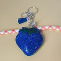 Sparkling blue rhinestone strawberry fruit keychain with velvet tassel and bell - Keychain + Rhinestone Pendant / Royal Blue (Tassel Style)