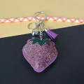 Sparkling purple rhinestone strawberry keychain with velvet tassel and bell charm - Keychain + Rhinestone Pendant / Purple (Tassel Style)