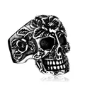 Punk schedelring voor heren met verfijnde roosgravures in vintage zilveren look - Amerikaanse Maat 8 / Zonder Steen
