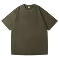 Detail view of a heavyweight 230g vintage washed olive green pure cotton unisex T-shirt - Army Green