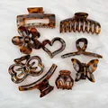 Vintage tortoise shell hair claw clip set with butterfly and heart shapes for women - 9-Piece Set / Leopard Print