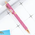 Pink glitter click ballpoint pen with daisy patterns and rose gold metallic trim. - Pink Daisy Hat / 1.0mm Bullet Tip