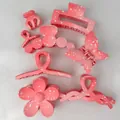Set of seven pink hair claw clips with white paint splatter pattern in various shapes - 8-Piece Set / Pink with White Spots