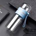 Double-walled glass water bottle with tea infuser and blue carrying strap - Blue 350ml