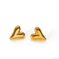 Close-up of golden puffy heart-shaped titanium steel stud earrings with glossy finish - Stud Earrings (DG3169 Heart)