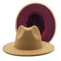 Elegant two-tone wool fedora jazz hat with camel exterior and burgundy interior - M (56-58cm) / Camel with Wine Red Interior