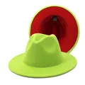 Two-tone lime green and red felt jazz fedora hat with wide brim for stylish outdoor wear - M (56-58cm) / Green Exterior Red Interior