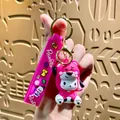 Cute Pochacco keychain featuring a pink bear hood and a matching silicone wrist strap - Pacha Dog Strawberry Hat - Red Strawberry Bear Hat