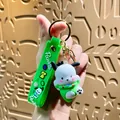 Cute green 3D Pochacco character silicone keychain charm with matching wrist strap - Pacha Dog Strawberry Hat - Green Space Suit
