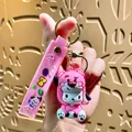 Adorable pink Pochacco character keychain with a Lotso bear costume style pendant - Pacha Dog Strawberry Hat - Pink Strawberry Bear Hat