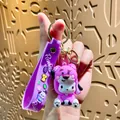 Cute Pochacco in pink bear costume silicone strap keychain pendant charm accessory - Pacha Dog Strawberry Hat - Purple Strawberry Bear Hat