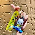 Kawaii Pochacco dog keychain featuring a blue skateboard and yellow silicone wrist strap - Pacha Dog Strawberry Hat - Skateboard