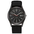 Front view of men's military quartz watch with black canvas strap and date display - Black