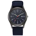 Military style men's quartz watch with navy blue canvas strap and date display. - Blue