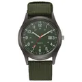 Detailed macro view of an army green military quartz watch with canvas strap - Green
