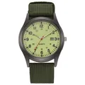 Outdoor military style men's quartz watch with green canvas strap and calendar display. - Fluorescent Green