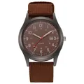 Detail of military style quartz watch with brown canvas strap and date display - Coffee