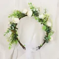 Handmade forest style floral bridal crown with white faux flowers and green leaves. - Little Tea Bag Style Beige (QH16)