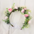 Handmade forest-style floral crown with pink roses and green leaves for bridal hair styling - Little Tea Bag Style Pink (QH16)