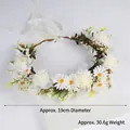 Elegant forest style white daisy floral crown headband with lace ribbons for bridal hair - Creamy White Small Ball Flower Daisy Foam Branch Garland (QH-1)