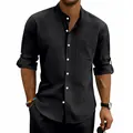 Detailed view of men's black linen stand collar shirt with functional front pocket - S / Tops / Black