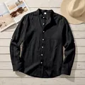 Men's black linen stand collar long sleeve shirt with pocket for summer casual wear - S / Black
