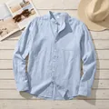 Men's light blue linen stand collar shirt with roll-tab long sleeves and chest pocket - S / Light Blue