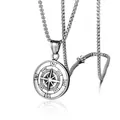 Vintage stainless steel compass pendant necklace with a classic silver-toned finish. - Pendant + Box Chain (2.5mmx60cm) (D37-08/3) / Steel