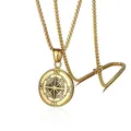 Gold plated stainless steel compass pendant necklace for men with a Viking aesthetic - Pendant + Box Chain (2.5mmx60cm) (D37-08/4) / Gold