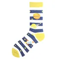 Fun space planet and rocket pattern crew sock with navy stripes on white background - One Size / Planet Rocket Stripes Style