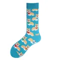 Detailed close-up of vibrant blue crew socks featuring a cute repeating Corgi pattern - One Size / Corgi Style