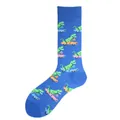 Blue mid-calf socks featuring funny green T-Rex dinosaurs driving colorful vintage cars - One Size / Dinosaur Driving Car Style